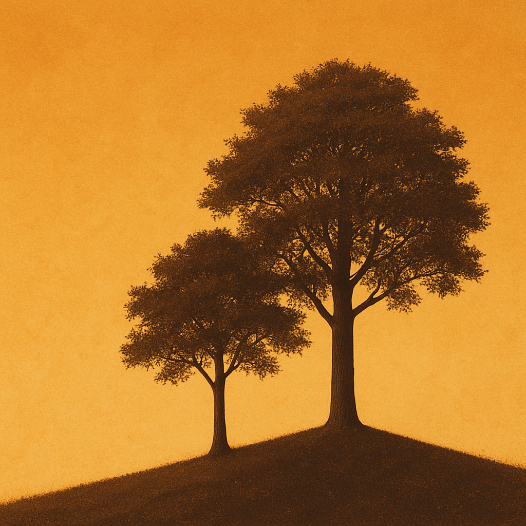 산등선 위에 나란히 서 있는 두 그루의 나무 실루엣, 황금빛 하늘과 대비되는 고요한 풍경
