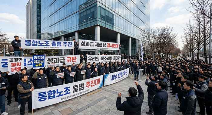 노조원들이 외부에서 시위중인 모습.