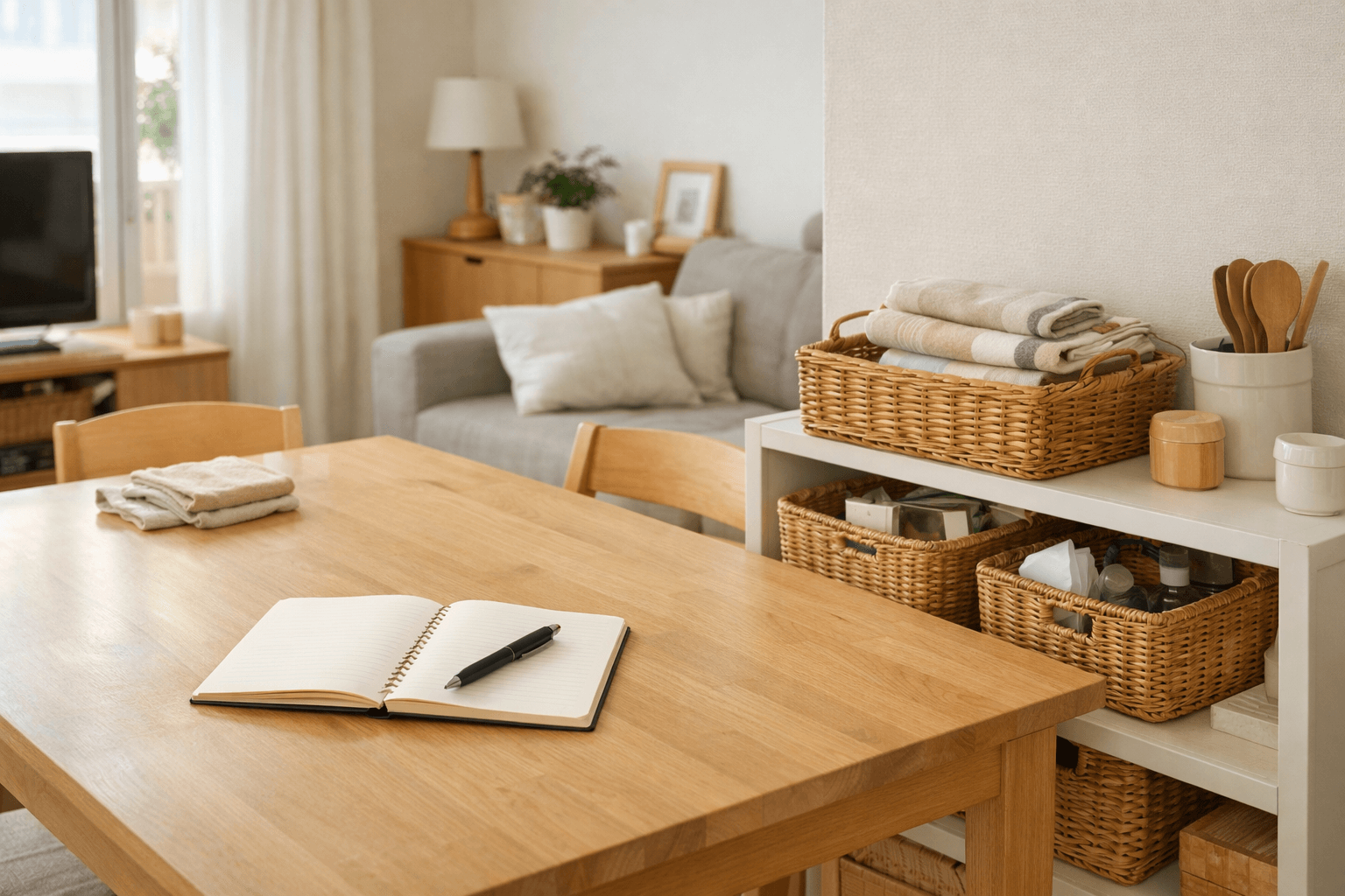 주부의 하루 속 공간 정리를 보여주는 따뜻한 거실 장면