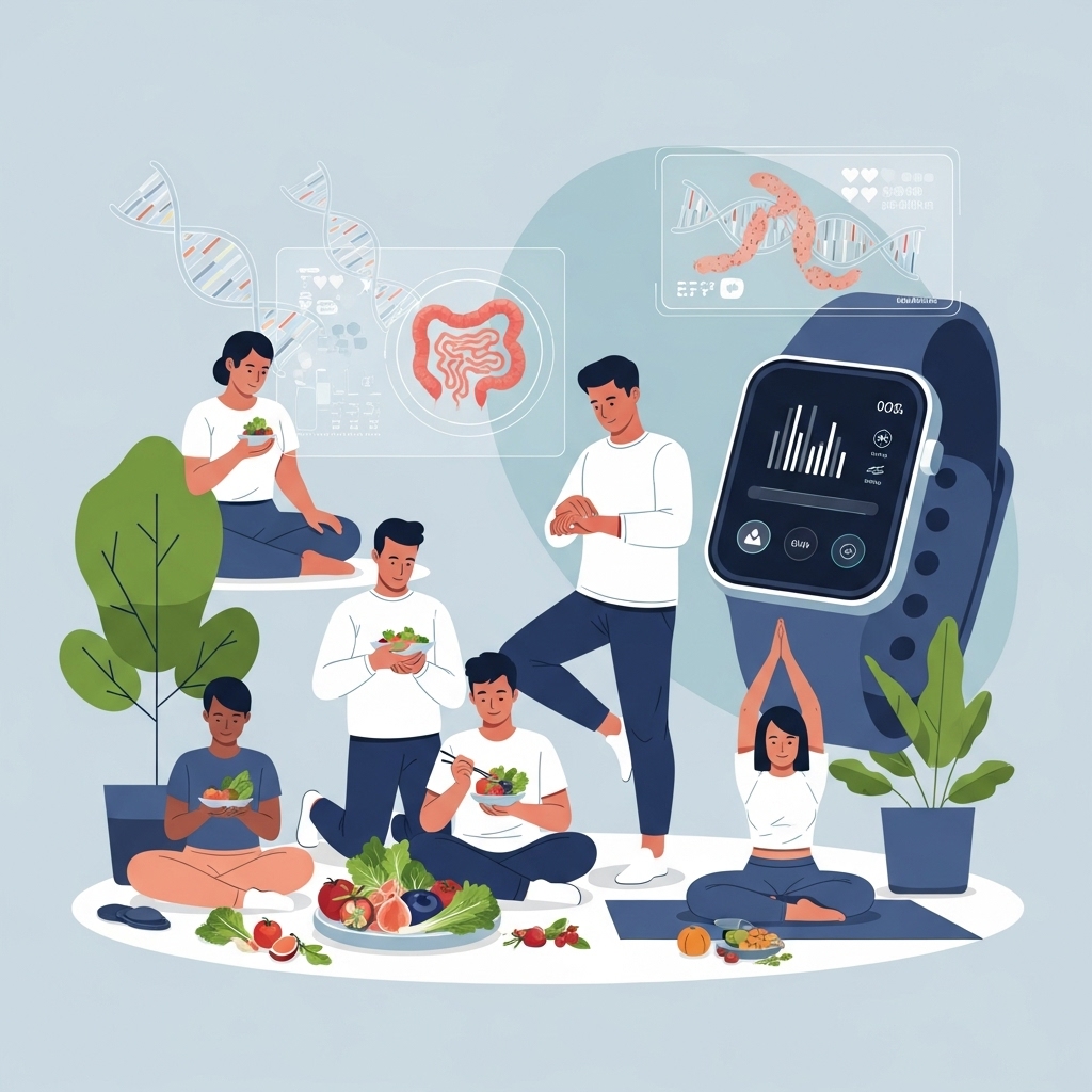 2025년 최신 다이어트 트렌드를 보여주는 이미지. 다양한 사람들이 개인 맞춤형 영양, 마인드풀 이팅, 디지털 건강 관리를 하며 건강한 생활 방식을 실천하는 모습입니다.