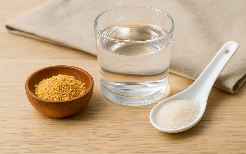 다시다, 물, 설탕이 각각 담겨 있는 구성