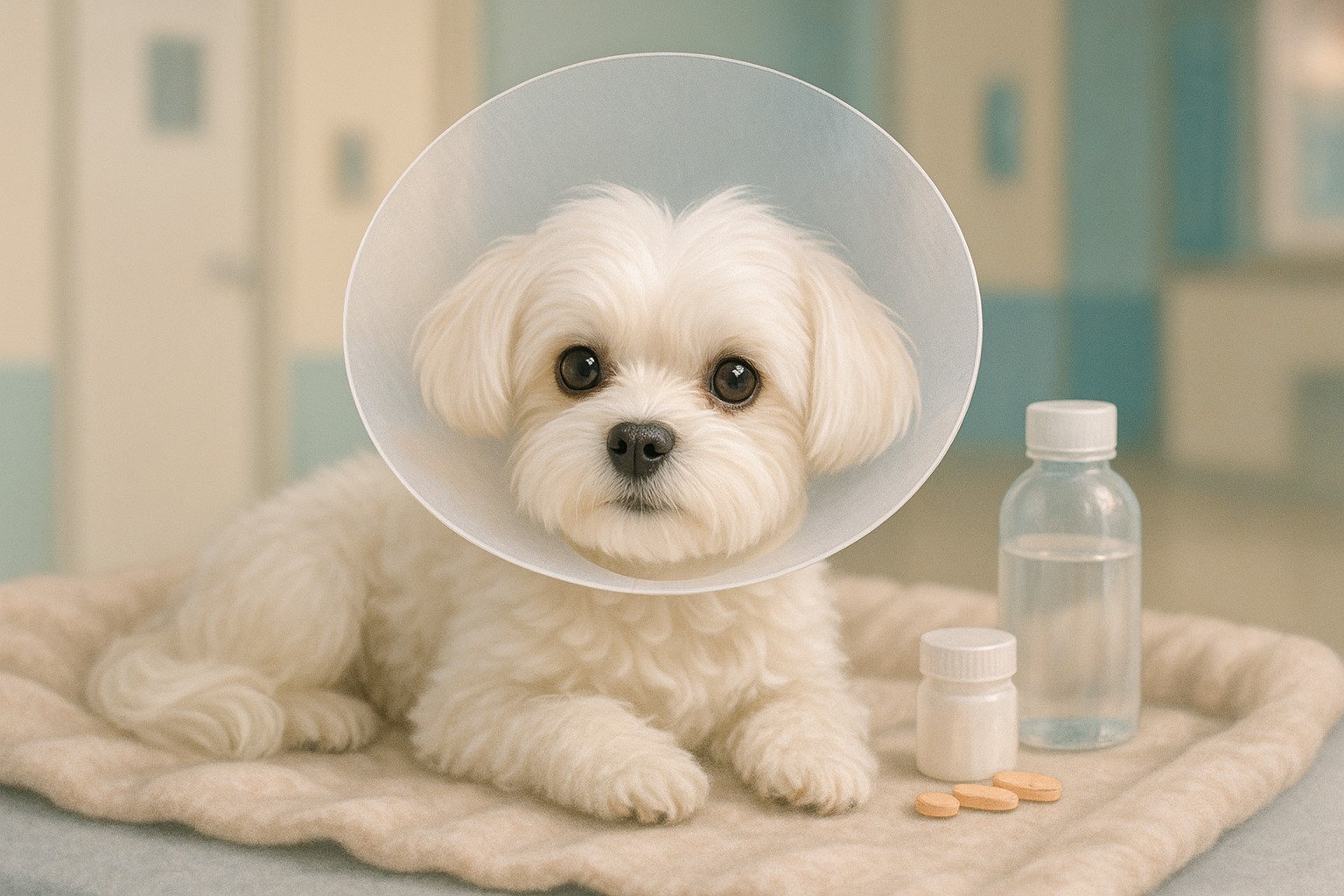 넥카라를 착용하고 담요 위에서 쉬는 화이트 말티즈, 옆에 물그릇과 처방약이 놓인 회복 관리 장면
