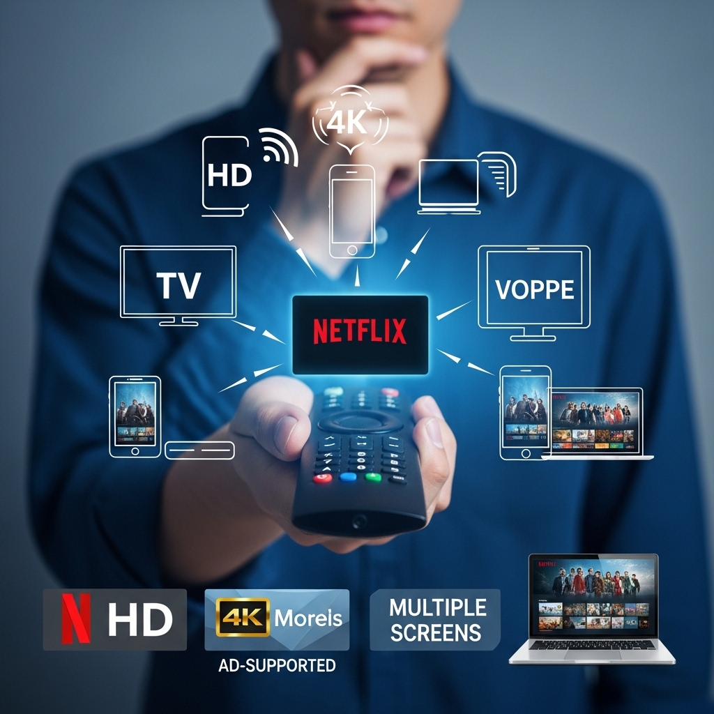 넷플릭스 로고가 새겨진 리모컨을 든 사람이 다양한 기기 아이콘과 요금제 특징 그래픽에 둘러싸여 현명하게 요금제를 선택하는 모습.