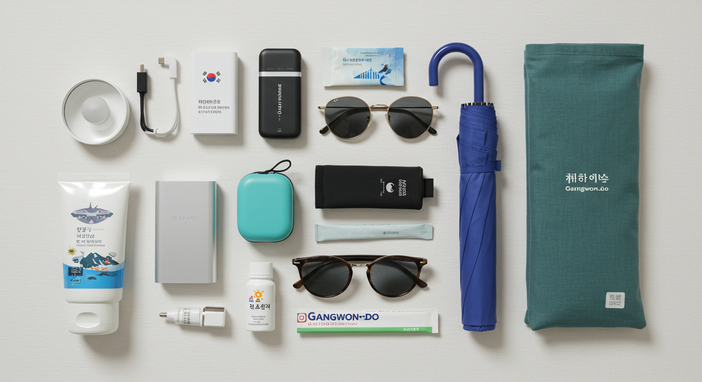 강원도 여행 필수 준비물 (보조배터리, 우산, 선크림 등).