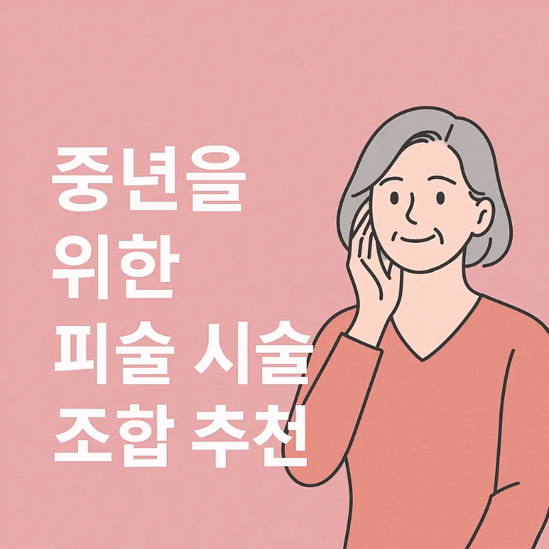 중년 여성을 일러스트로 표현한 이미지와 '중년을 위한 피부 시술 조합 추천' 문구가 함께 있는 핑크색 썸네일 이미지