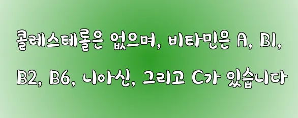  콜레스테롤은 없으며, 비타민은 A, B1, B2, B6, 니아신, 그리고 C가 있습니다