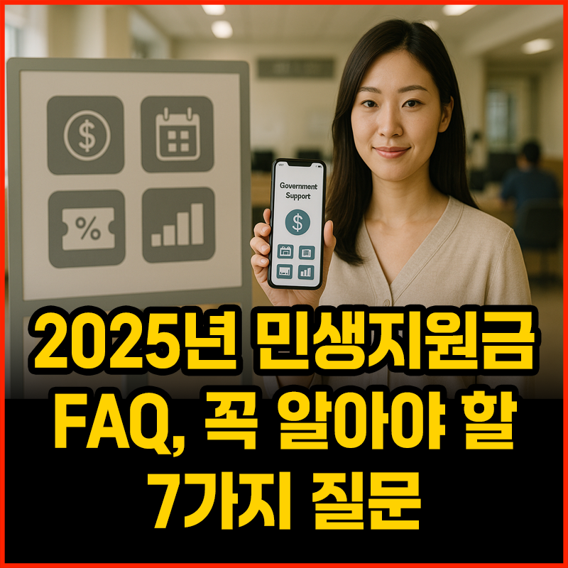 정부지원금 앱을 보여주는 한국 여성과 함께, 지원금 아이콘