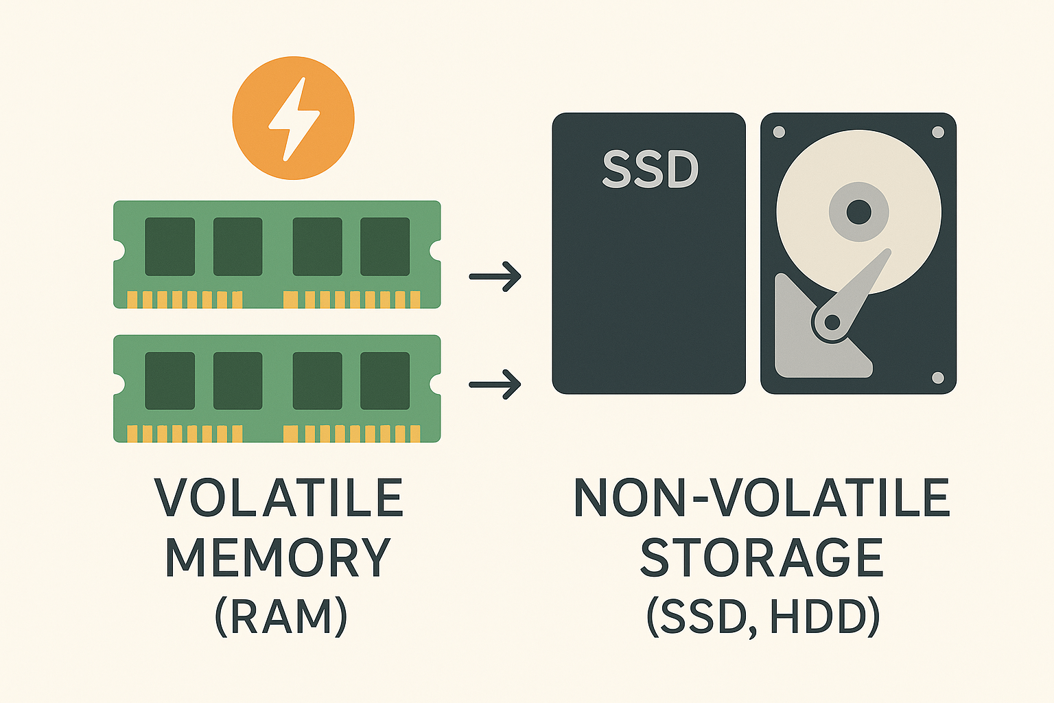 전원이 켜져 있을 때와 꺼졌을 때 RAM과 SSD에서 데이터가 어떻게 유지되거나 사라지는지 비교하는 다이어그램