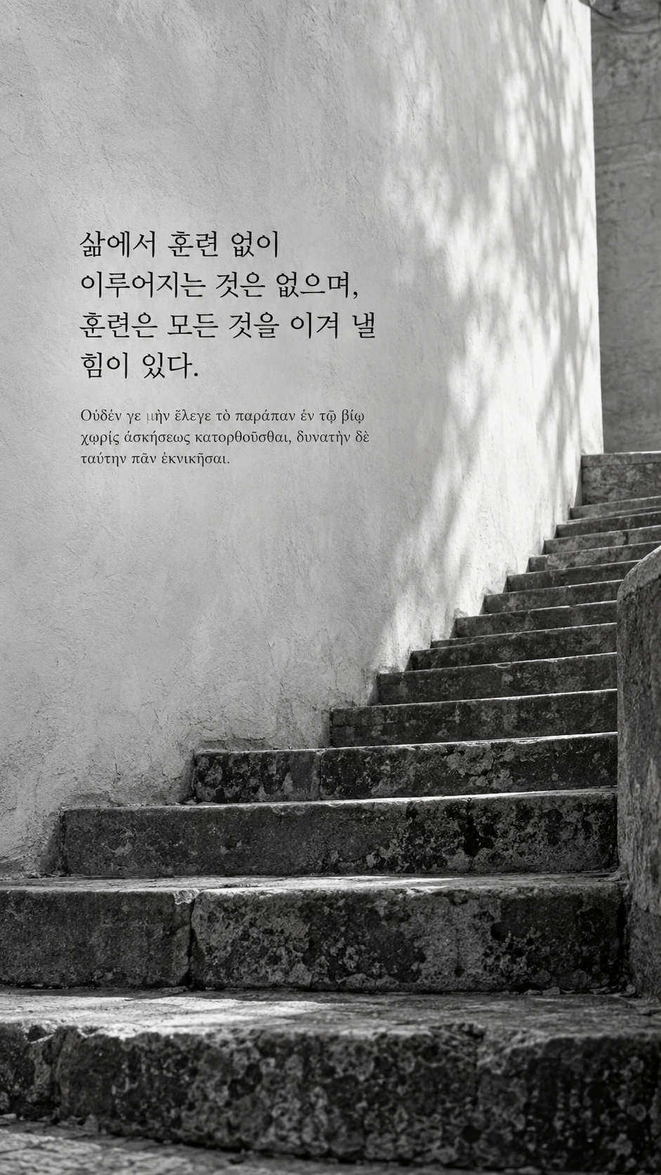 디오게네스 명언 24 삶에서 훈련 없이 이루어지는 것은 없으며, 훈련은 모든 것을 이겨 낼 힘이 있다. 한글과 그리스어 원문이 담긴 세로 사진