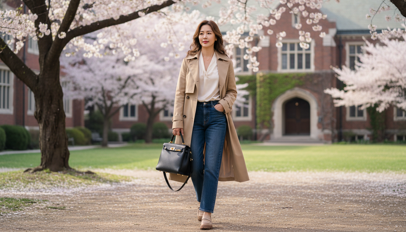 2026년 서울대 입학식 분위기의 캠퍼스에서 트렌치코트와 청바지, 그리고 고급스러운 검정 가죽 핸드백을 매치한 3040 여성의 세련된 모습
