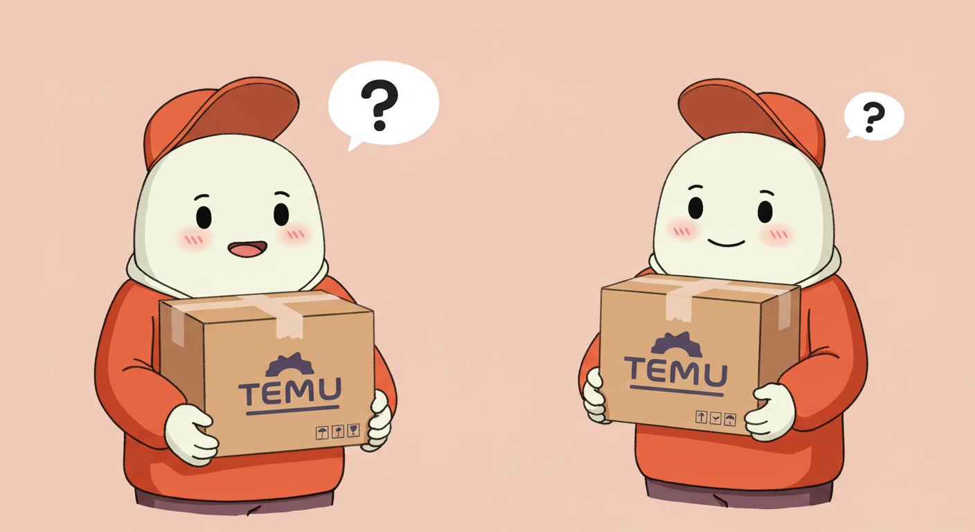 테무 배송 상자를 들고 배송 기간을 궁금해하는 소비자 캐릭터