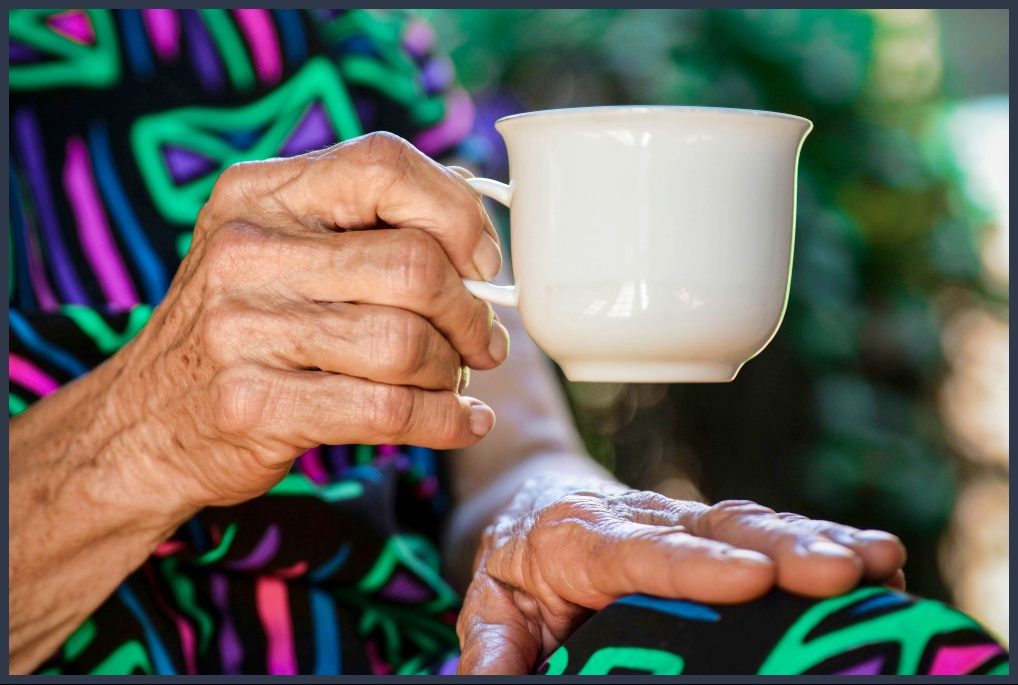 머그컵 들고 있는 노인 손
