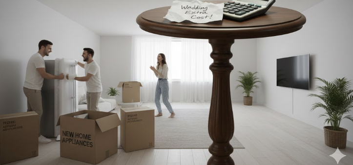 텅 빈 거실에 새 가전제품 박스가 들어오고 기뻐하는 부부