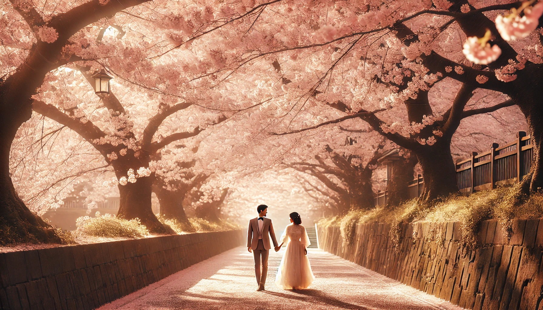 벚꽃 아래에서 손을 잡고 산책하는 커플