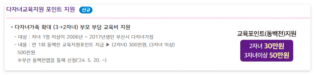 다자녀교육지원 포인트 지원(@부산광역시 홈페이지)