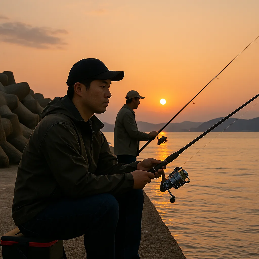 도남항 방파제에서 해질 무렵 낚시하는 동양인 낚시꾼들