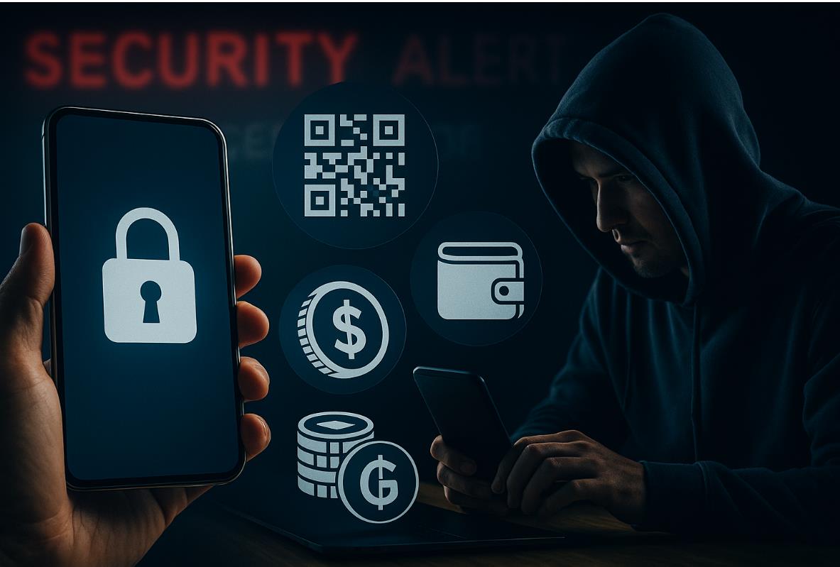 어두운 배경 속 해커와 스마트폰 화면 자물쇠 아이콘, &lsquo;Security &rsquo; 경고 문구가 함께 보이는 장면