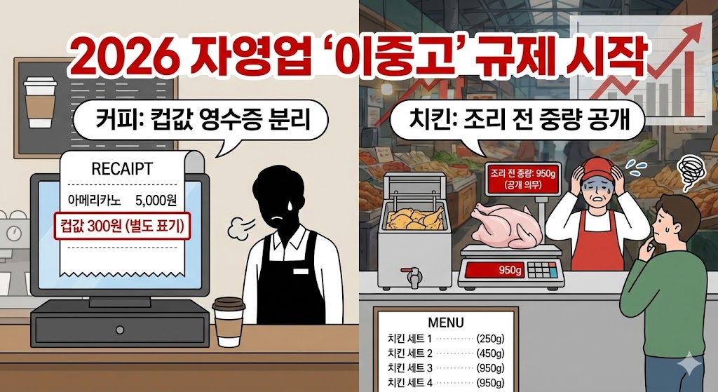 2026년 자영업 새 규제 논란 썸네일. 영수증에 분리된 컵 가격과 저울 위 치킨 이미지를 통해 컵값 표시제와 중량 공개 의무화를 표현한 이미지