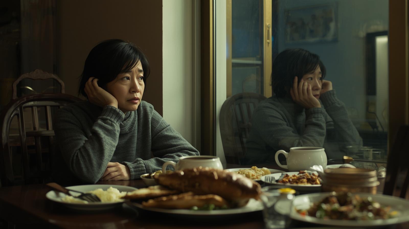밥을 잘 먹고 있음에도 살이 빠지는 이유를 궁금해하는 여성의 모습. 식탁에 차려진 음식을 바라보며 건강 변화를 걱정하는 장면.