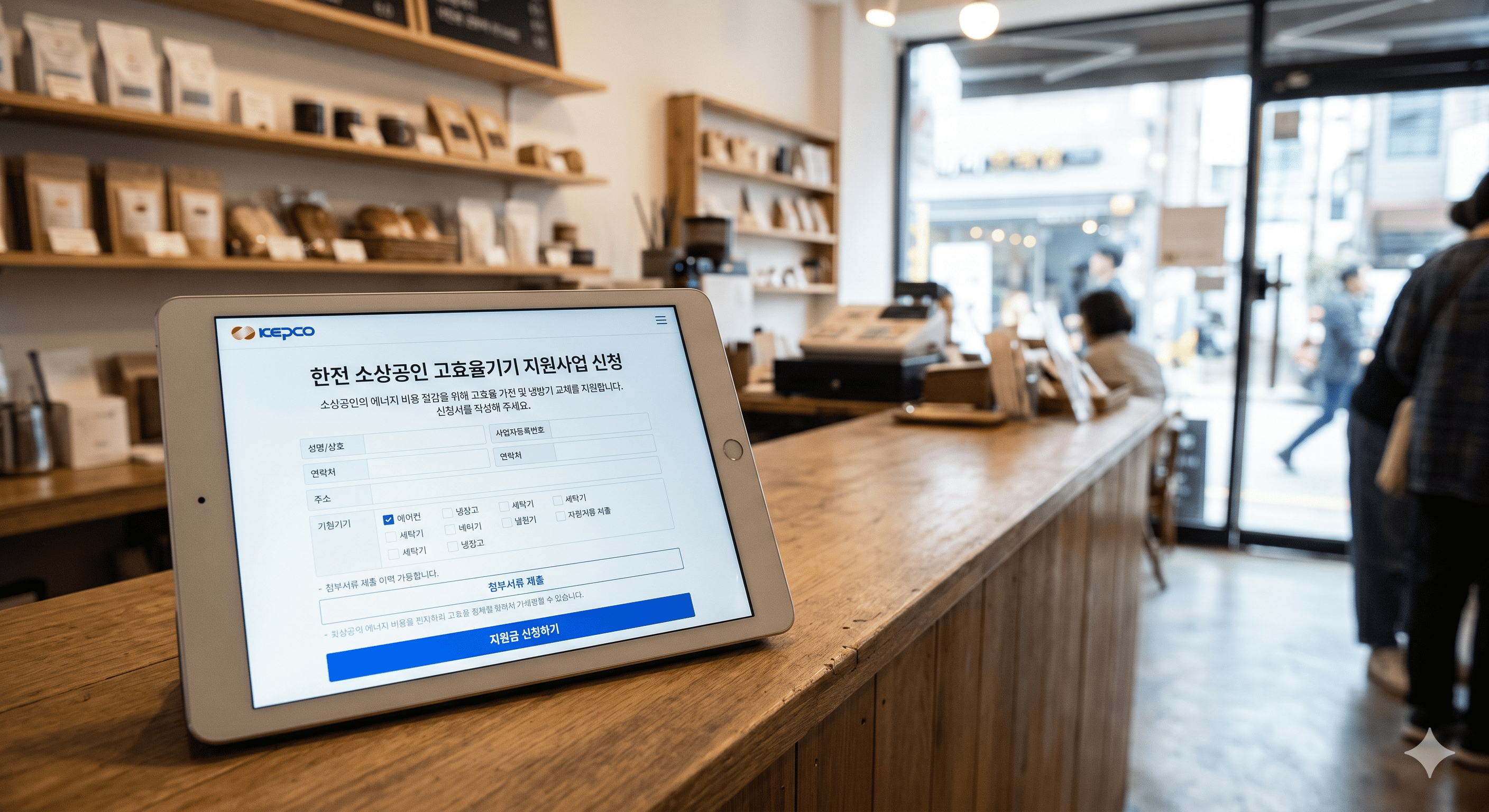 한전 소상공인 고효율 기기 지원사업 홈페이지에서 서류를 접수하는 화면