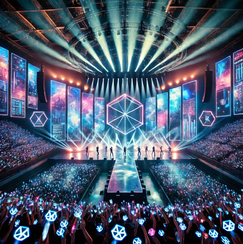 K-pop 아이돌의 공연장 분위기. 팬들이 응원봉을 흔들고 있는 모습