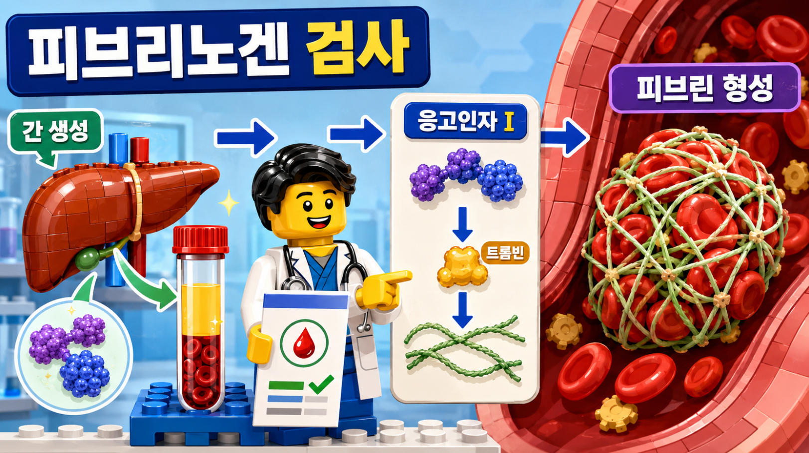 피브리노겐이 간에서 생성되어 피브린으로 전환되는 혈액응고 과정을 설명하는 레고 스타일 메디컬 인포그래픽