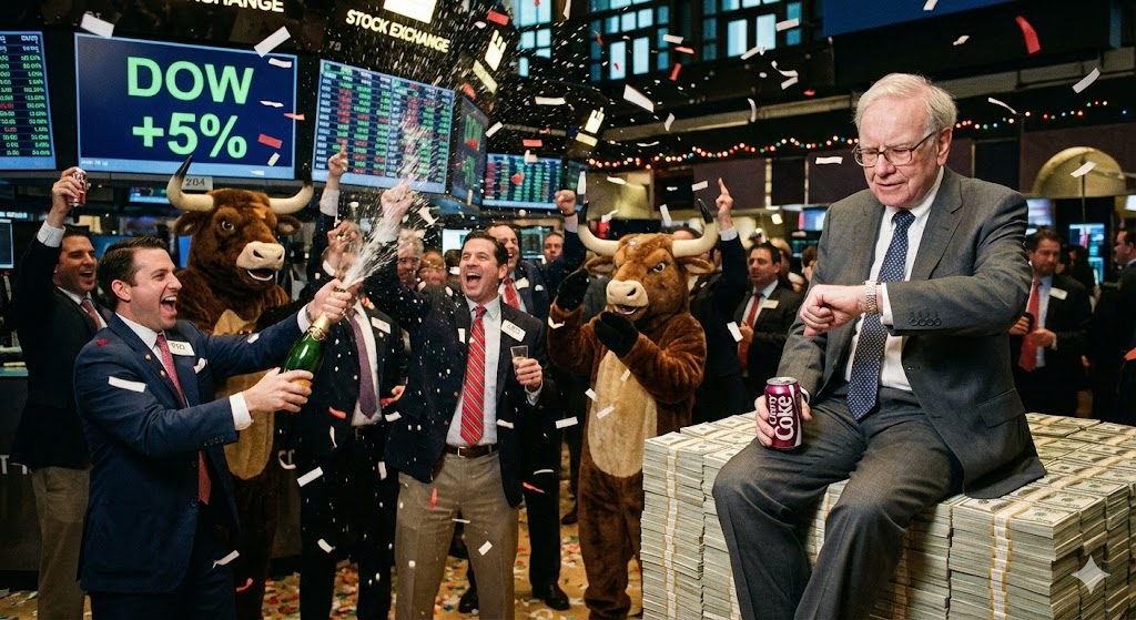 화려한 상승장 파티 속에서, 홀로 현금 다발 위에 앉아 차분하게 시계를 보고 있는 워런 버핏의 모습