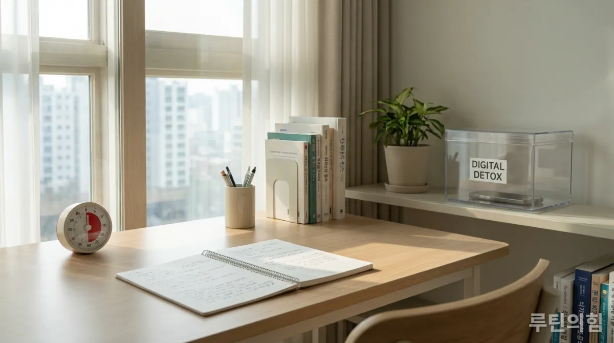 포모도로 타이머와 정리된 학습 도구가 있는 한국식 공부방 책상