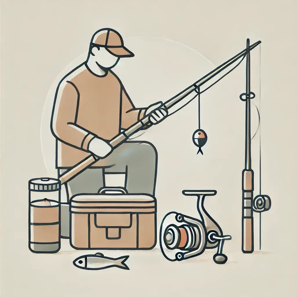 낚싯대와 릴을 준비하는 낚시꾼의 모습.