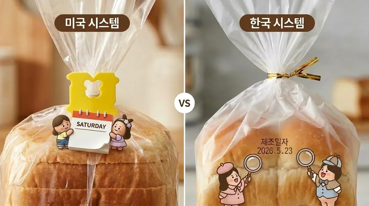 한국 식빵 봉지(트위스트 타이)와 미국 식빵 봉지(플라스틱 클립) 나란히 비교한 사진
