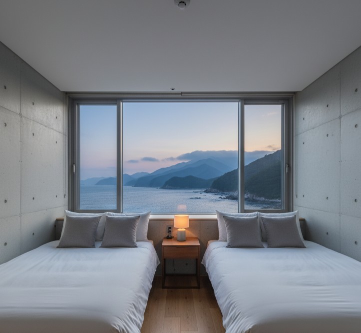 "여수 오션뷰 숙소 발코니의 아침 풍경"