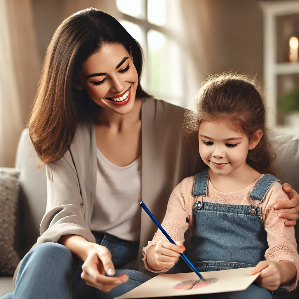엄마가 딸의 그림을 칭찬하는 모습