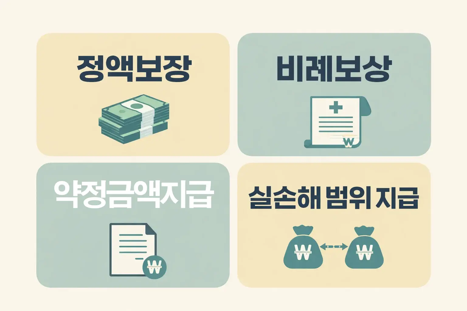 상해보험 중복보상 판단 시 정액보장과 비례보상의 지급 기준과 약정금액 여부를 비교해 이해하도록 만든 이미지