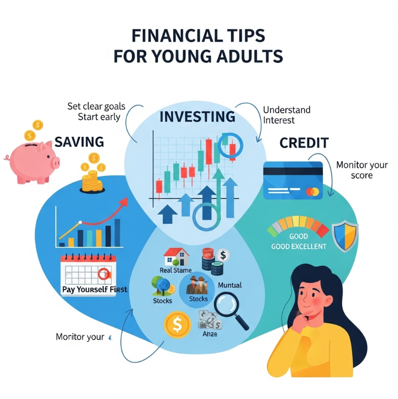 사회초년생이 꼭 알아야 할 재테크 핵심 저축, 투자, 신용을 설명하는 인포그래픽