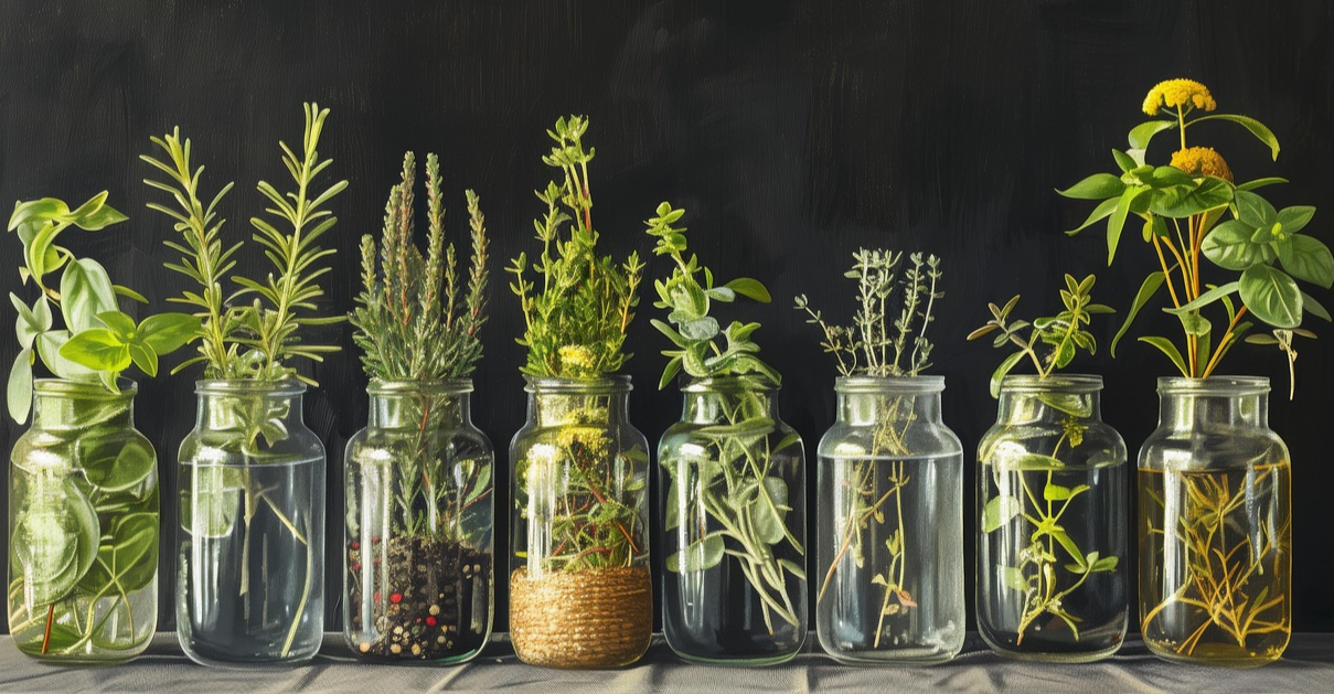 유리병에서 물에 잠겨 자라는 허브들이 있는 사진