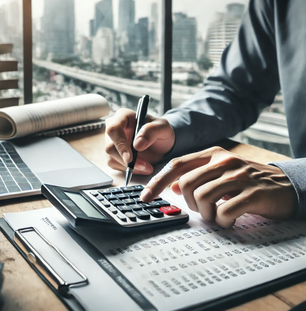 세금 계산을 하고 있는 직장인의 모습.