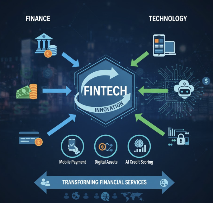 금융과 기술의 융합을 통한 핀테크 혁신 다이어그램. 금융(은행, 현금, 카드)과 기술(모바일, 클라우드, AI)이 결합하여 모바일 결제, 디지털 자산, AI 신용평가 등 새로운 핀테크 서비스를 창출하는 과정을 시각화함