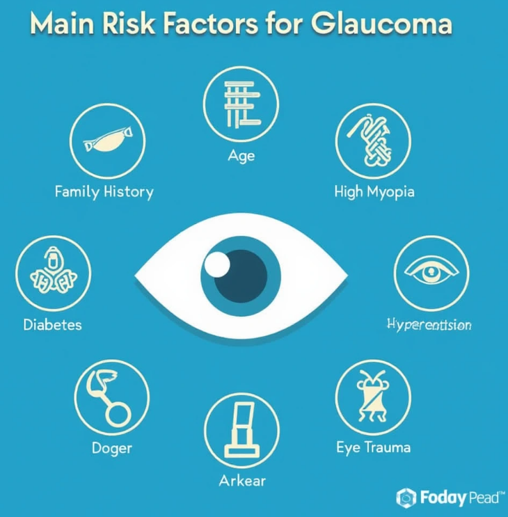 녹내장의 주요 위험 요인을 보여주는 인포그래픽. 중앙에 눈 모양이 있고, 주변에 연령, 가족력, 고도 근시, 당뇨병, 고혈압, 스테로이드 사용, 눈 외상 등의 아이콘이 배치되어 있습니다.