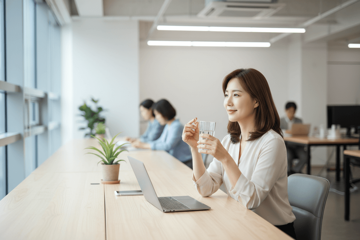 밝은 사무실에서 한국인 여성 직장인이 노트북 앞에서 루테인 오메가3 캡슐과 물 한 잔을 들고 미소 짓는 장면