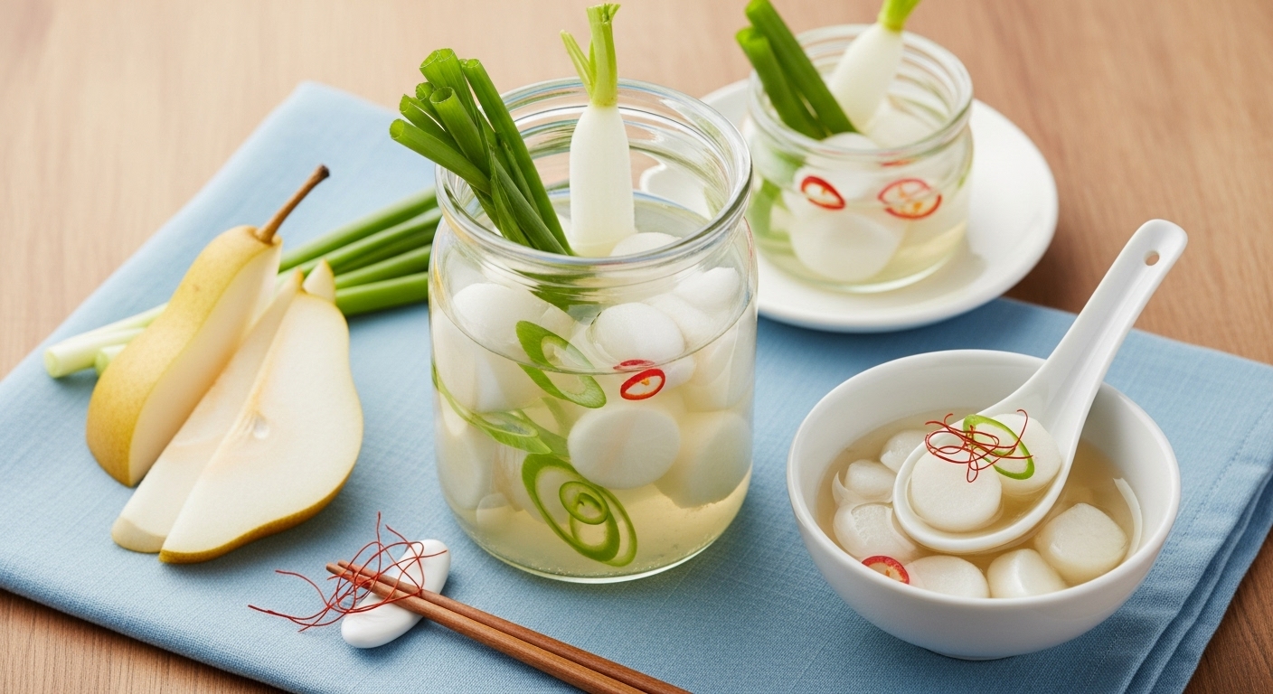 맑고 시원한 저염 동치미가 담긴 유리병과 잘 익은 무, 배, 쪽파 등이 정갈하게 놓여 있는 모습. 건강한 식탁을 연상케 합니다.