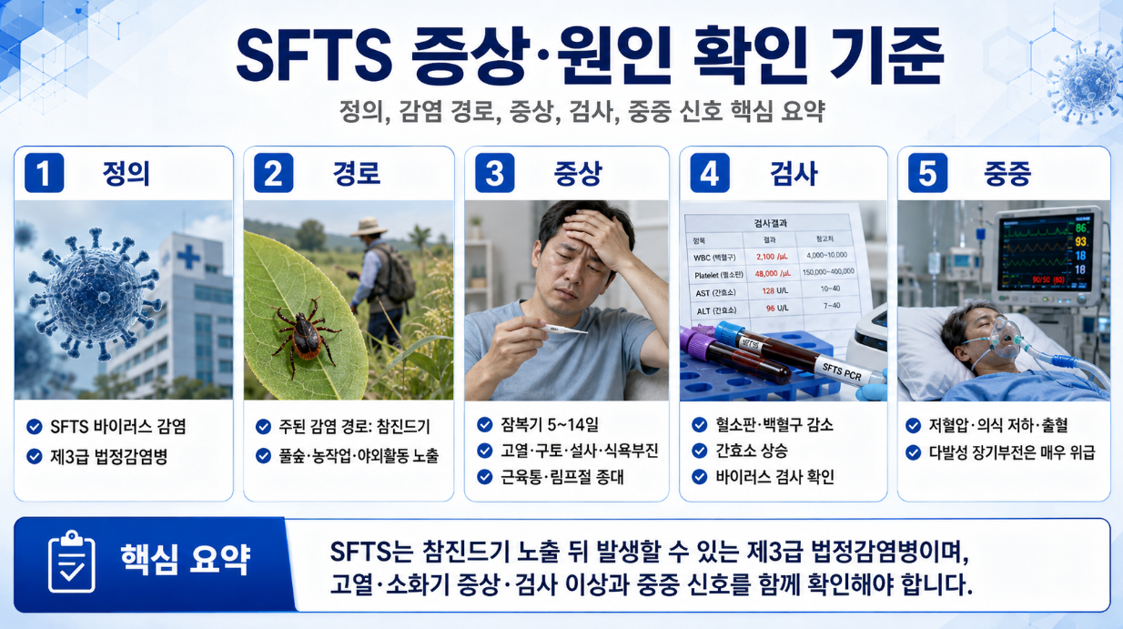 8. SFTS의 정의, 감염 경로, 증상, 검사 소견, 중증 위험 신호를 요약한 정리형 의학 인포그래픽