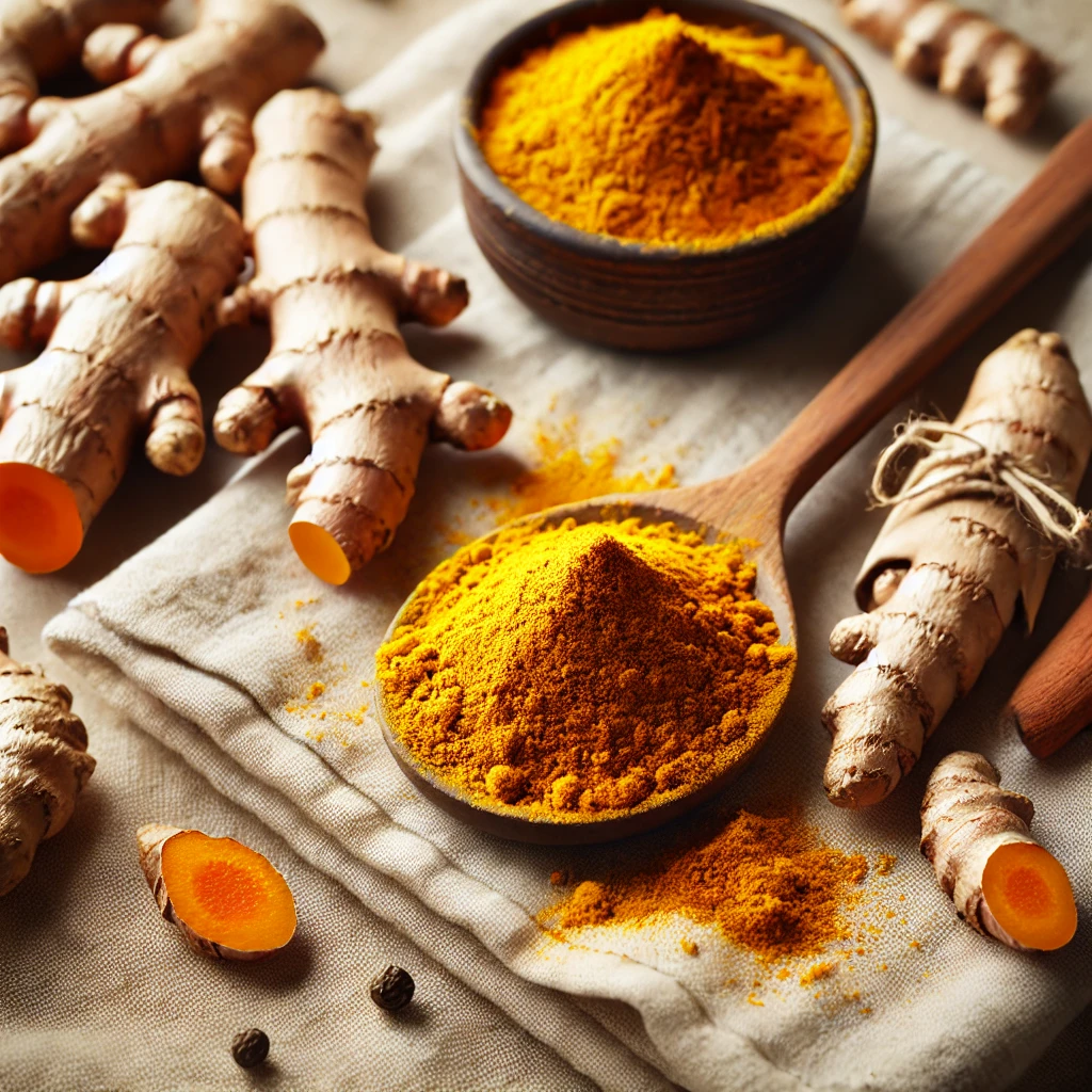 항염 효과가 있는 강황 뿌리와 분말이 담긴 나무 스푼, 자연 배경 위에 놓인 건강 식품
