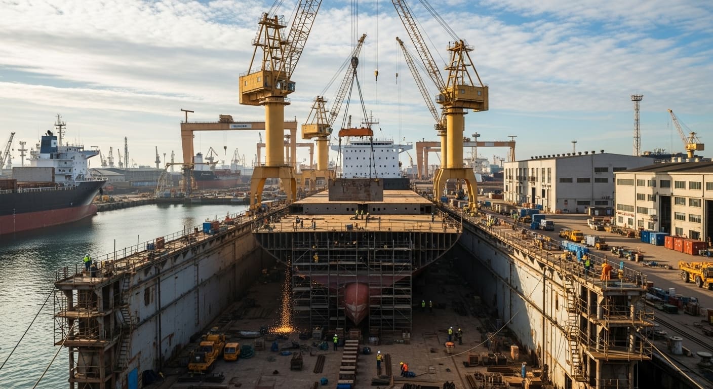군함이 건조되는 조선소 작업 현장