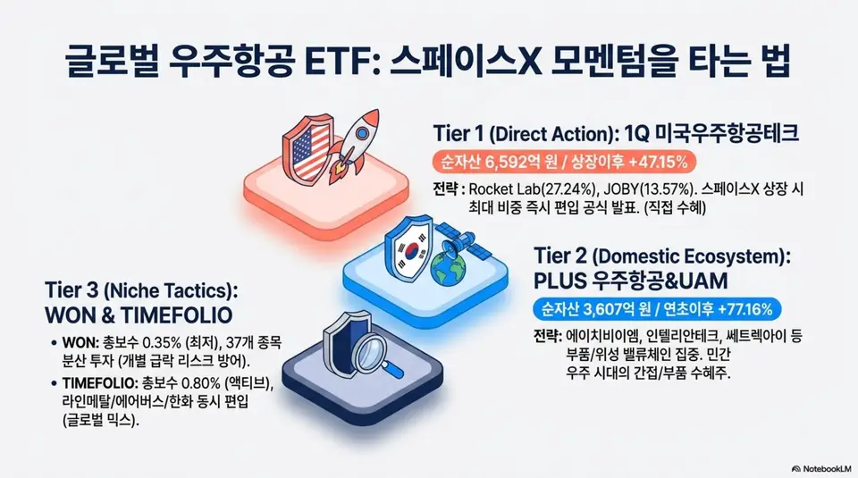 방산, 우주항공 ETF: 글로벌 우주항공 ETF 스페이스X 모멘텀 수혜 비교 인포그래픽. 1Q 미국우주항공테크 순자산 6592억 원 상장이후 47.15퍼센트와 PLUS 우주항공 UAM 3607억 원 연초이후 77.16퍼센트 그리고 WON과 TIMEFOLIO 특징 비교