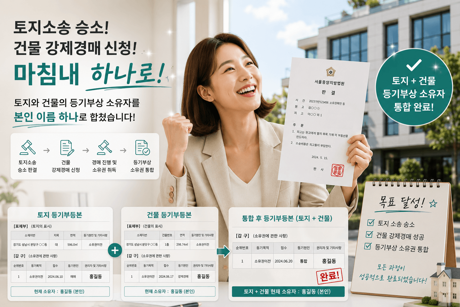 토지소송 승소 후 판결문을 바탕으로 건물 강제경매를 신청하여 마침내 토지와 건물의 등기부상 소유자를 본인 이름 하나로 합치고 기뻐하는 투자자 모습
