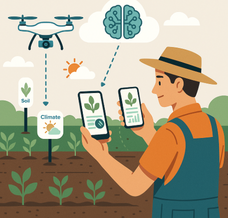 모바일 재배 관리를 표현한 인포그래픽. 센서와 드론이 데이터를 수집하고 클라우드 AI가 이를 분석해 농민이 스마트폰과 태블릿으로 실시간 확인하는 과정을 시각화한 이미지