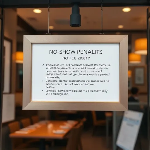 깔끔한 디자인의 액자 안에 '노쇼 위약금 안내' 또는 '예약 취소 정책'에 대한 내용이 상세히 적힌 안내문이 확대되어 보입니다. 중요한 문구(예: '출발 예정 시각 이전까지 취소 통보를 하지 않으면 위약금이 부과됩니다.') 가 눈에 띄게 강조되어 있고, 식당 입구에 부착되어 있습니다.