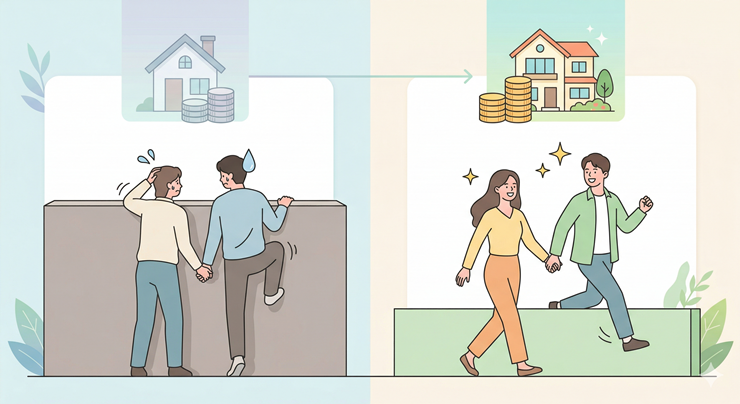 2026년 자녀장려금 신청을 위한 부부합산 소득 기준(7천만 원 미만) 및 가구원 재산 기준(2.4억 원 미만) 완화 내용을 시각적으로 비교한 인포그래픽 이미지