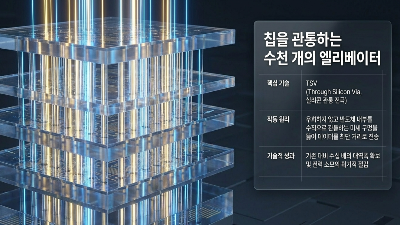 쌓아 올린 칩들에 수천 개의 미세한 구멍을 뚫어 데이터를 직접 연결하는 TSV(Through Silicon Via) 기술 설명 이미지 (AI 활용 이미지 생성)