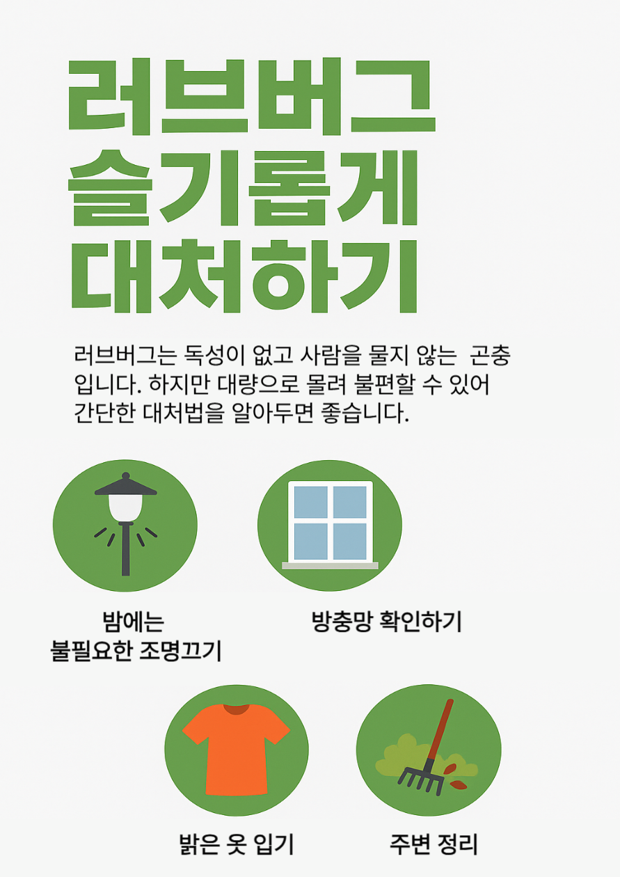 러브버그 간단 대처 인포그래픽 - 불빛 줄이기, 틈새 막기, 밝은 옷 입기, 주변 정리
